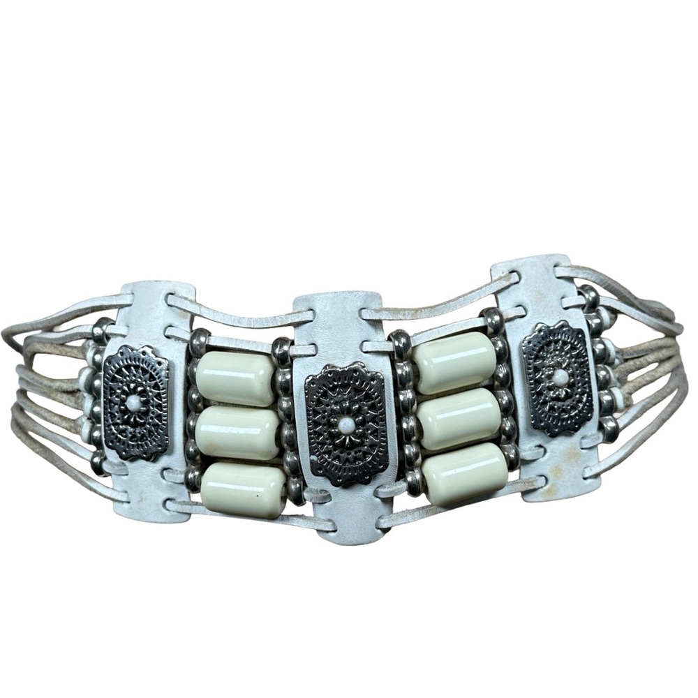 Statement Belt Silver Cream white concho‎ beaded western Native bohemian boho